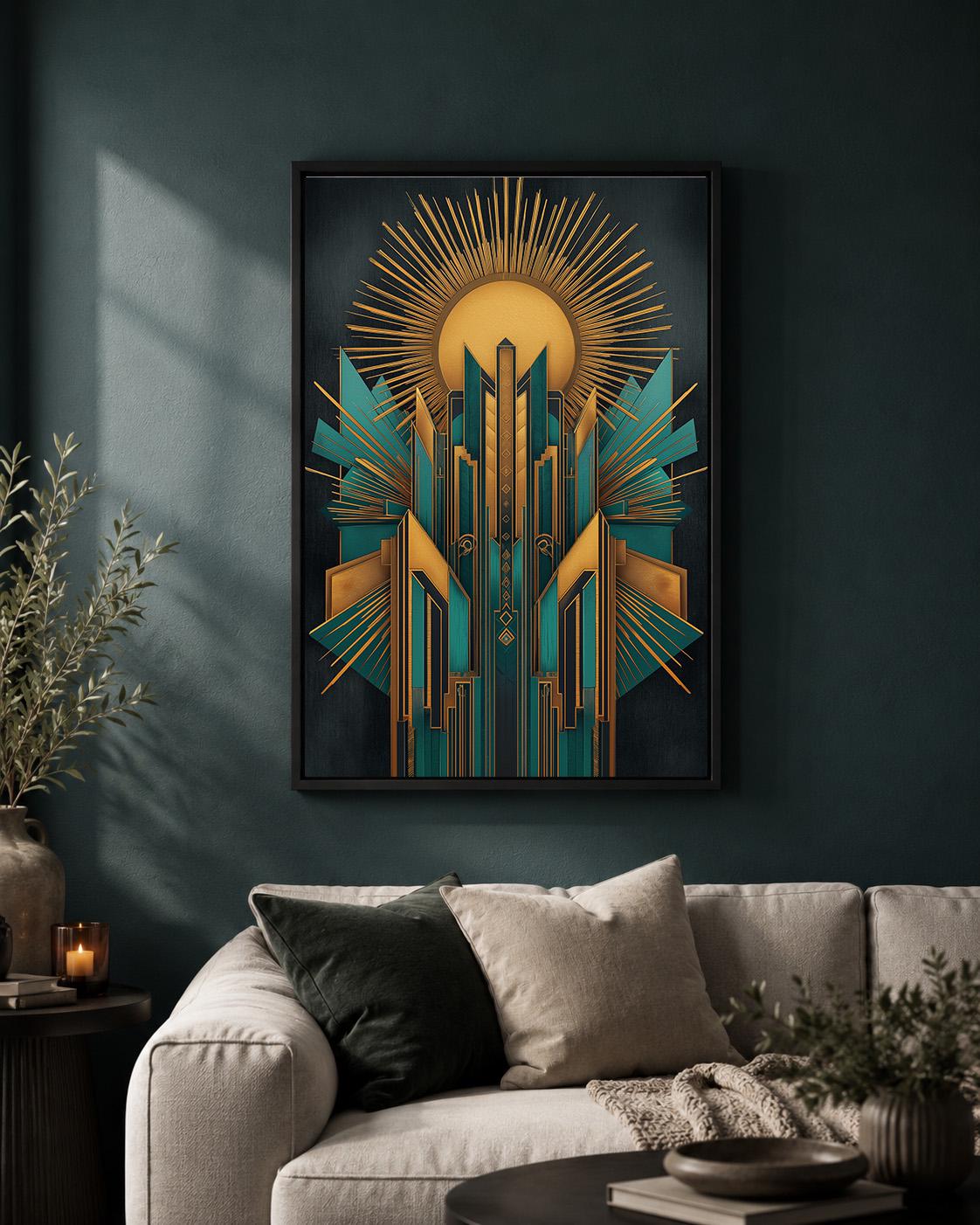Art Deco Teal Gold Geometric Framed Canvas Print, Vintage Glam Wall Art by The Wall Art Studio - physical