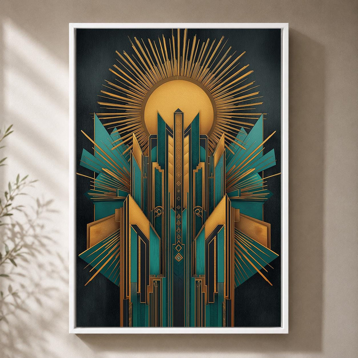 Art Deco Teal Gold Geometric Framed Canvas Print, Vintage Glam Wall Art by The Wall Art Studio - physical