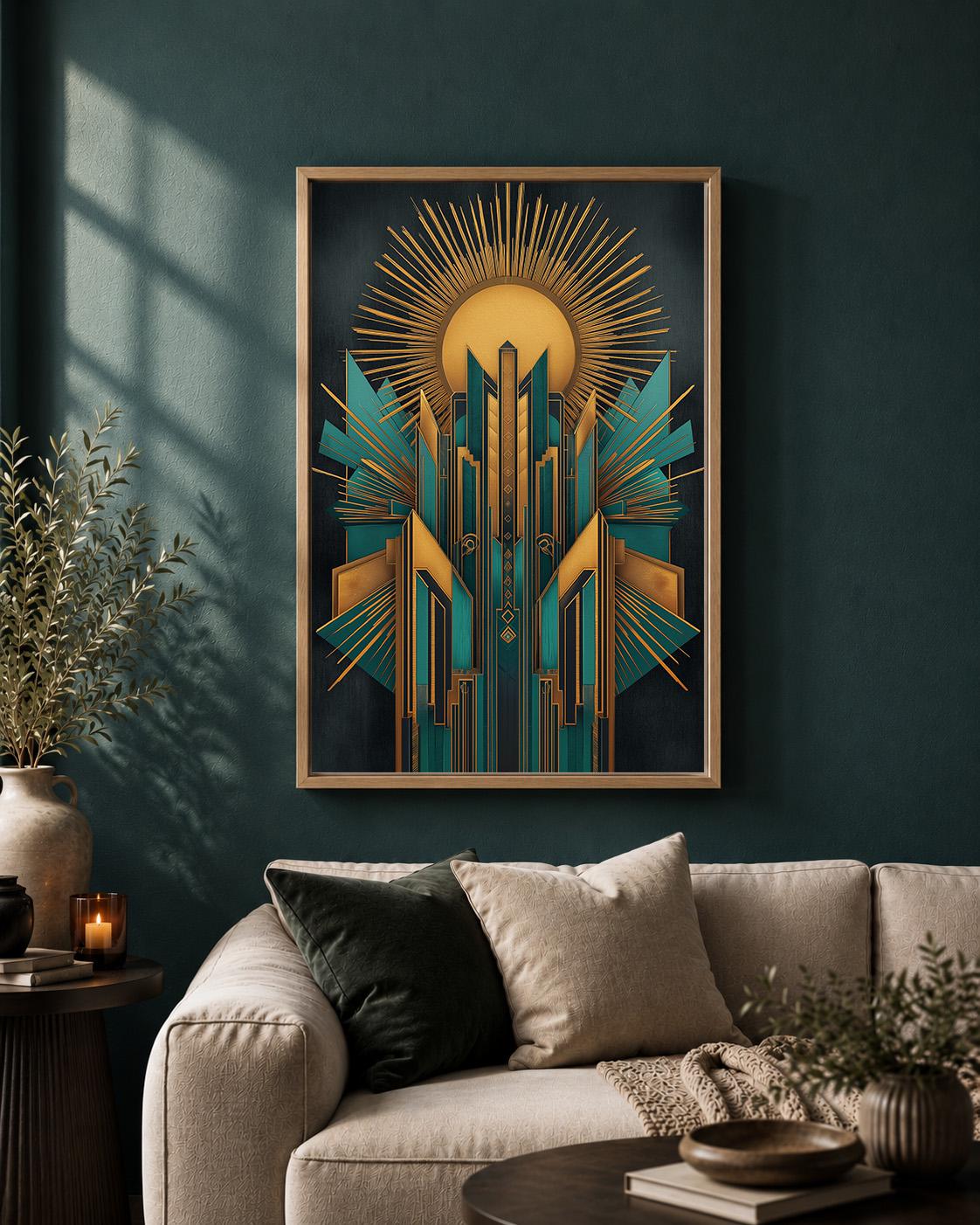 Art Deco Teal Gold Geometric Framed Canvas Print, Vintage Glam Wall Art by The Wall Art Studio - physical