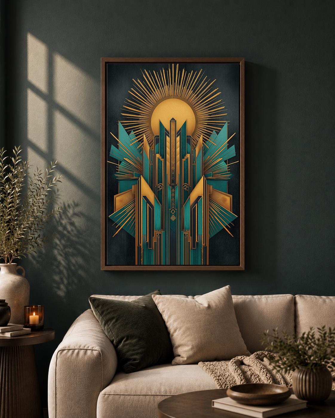 Art Deco Teal Gold Geometric Framed Canvas Print, Vintage Glam Wall Art by The Wall Art Studio - physical