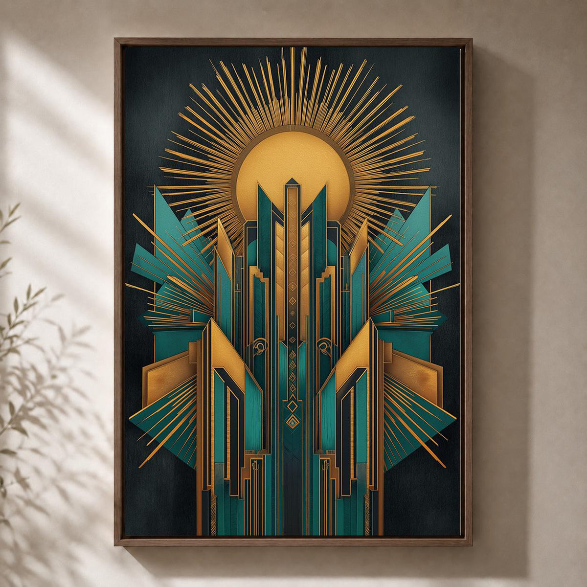Art Deco Teal Gold Geometric Framed Canvas Print, Vintage Glam Wall Art by The Wall Art Studio - physical
