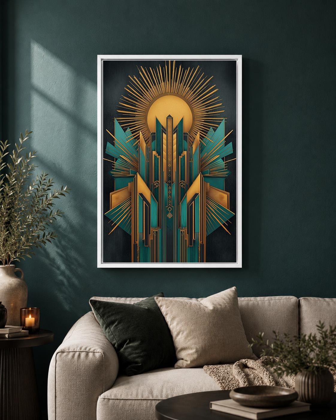 Art Deco Teal Gold Geometric Framed Canvas Print, Vintage Glam Wall Art by The Wall Art Studio - physical