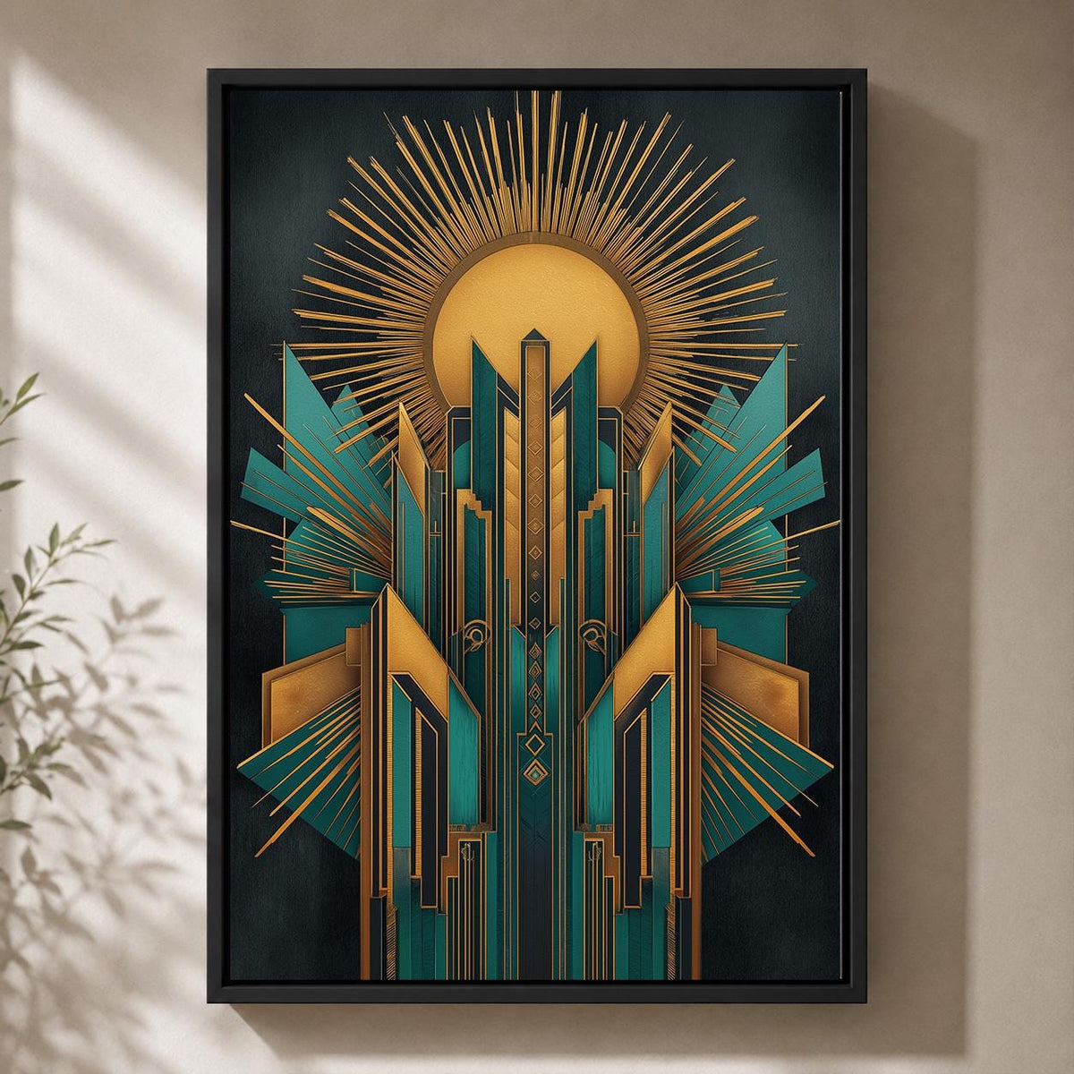 Art Deco Teal Gold Geometric Framed Canvas Print, Vintage Glam Wall Art by The Wall Art Studio - physical