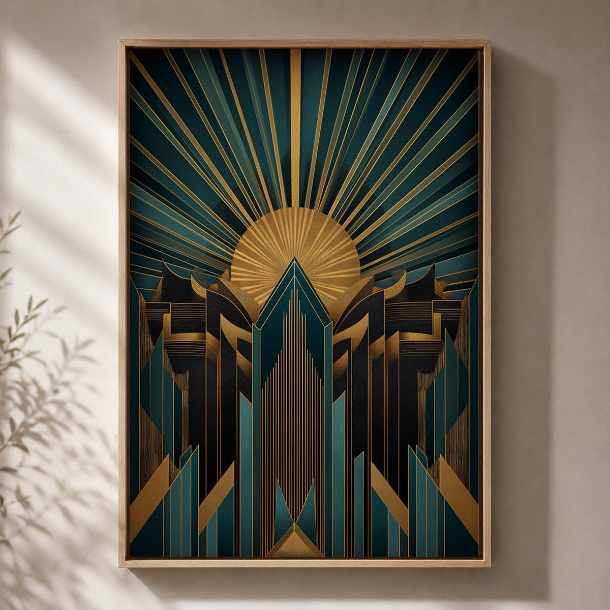 Art Deco Teal Gold Geometric Framed Canvas Wall Art, Gatsby Style Decor by The Wall Art Studio - physical