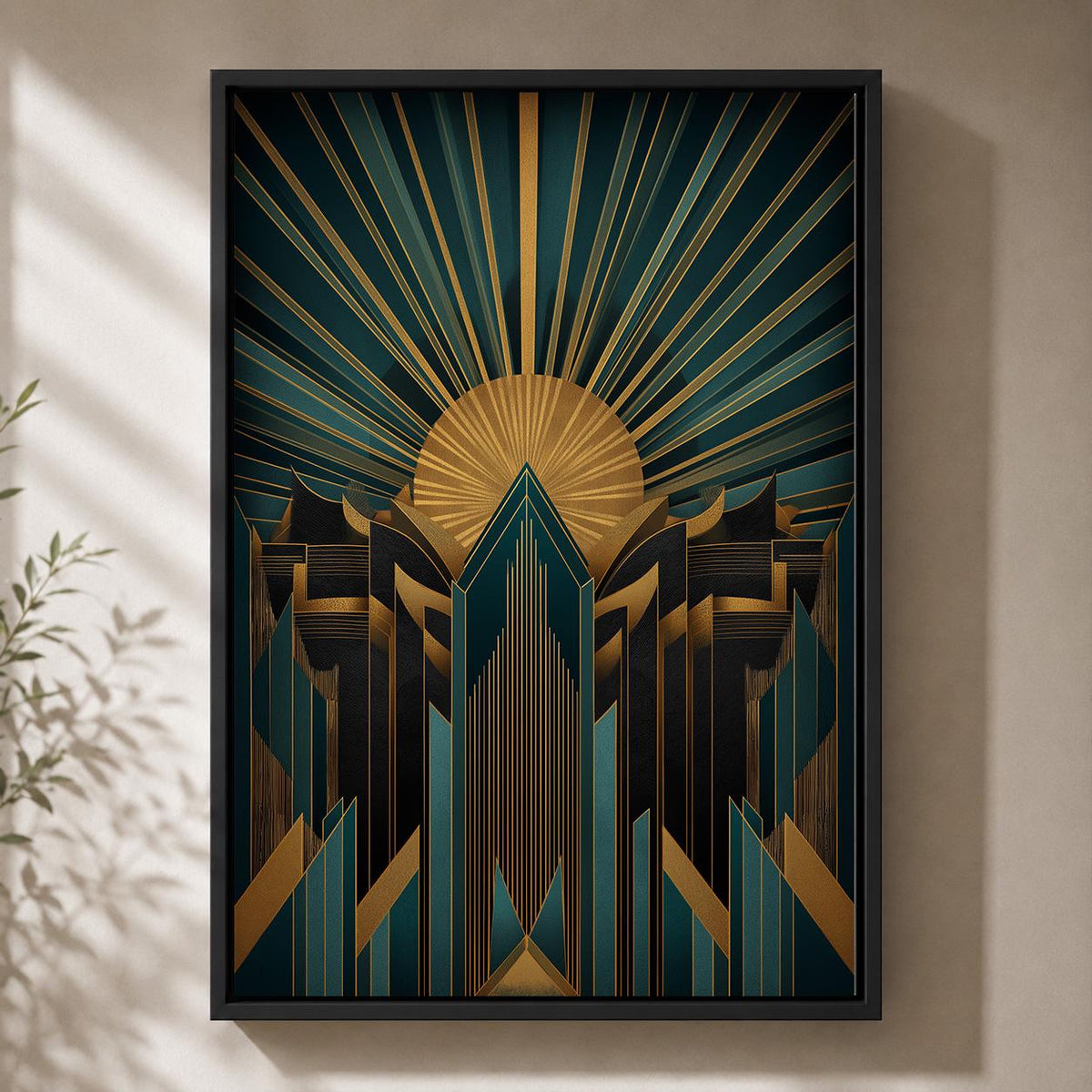 Art Deco Teal Gold Geometric Framed Canvas Wall Art, Gatsby Style Decor by The Wall Art Studio - physical