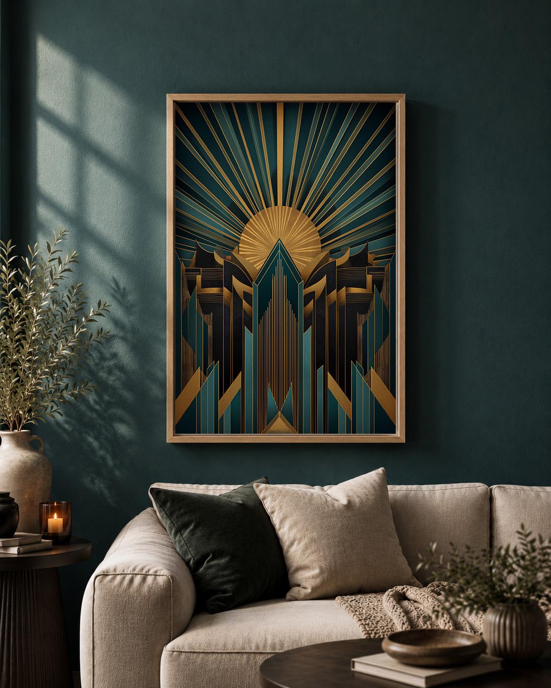 Art Deco Teal Gold Geometric Framed Canvas Wall Art, Gatsby Style Decor by The Wall Art Studio - physical