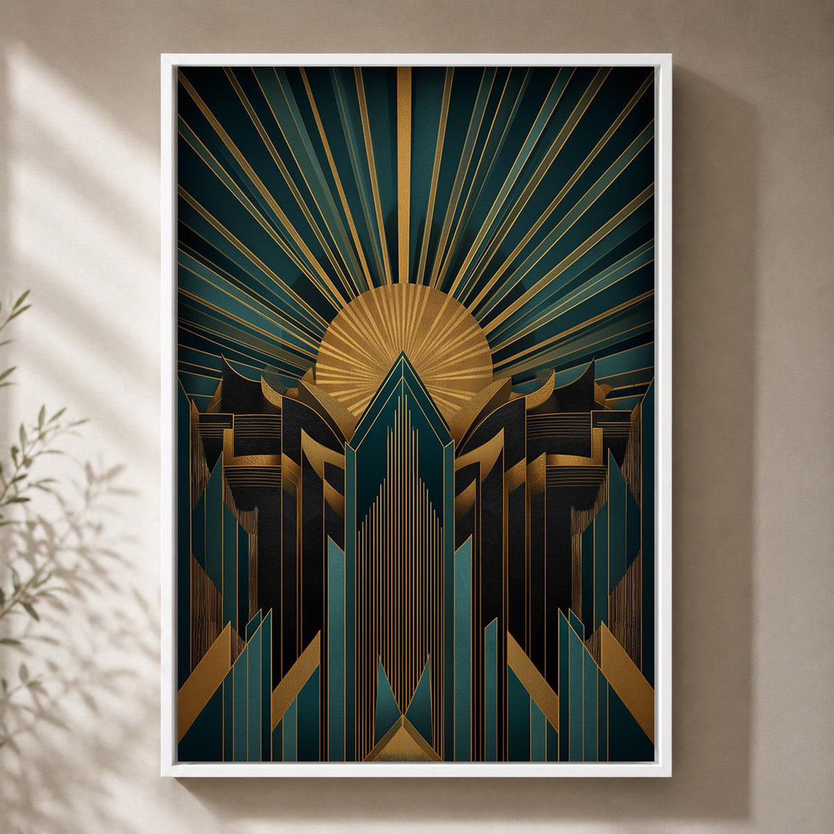 Art Deco Teal Gold Geometric Framed Canvas Wall Art, Gatsby Style Decor by The Wall Art Studio - physical