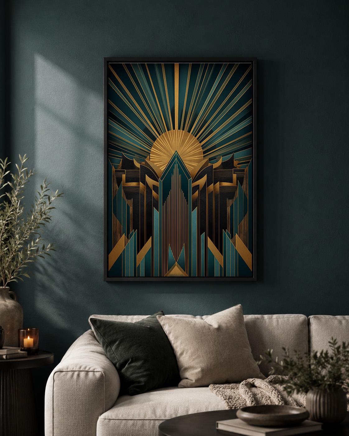 Art Deco Teal Gold Geometric Framed Canvas Wall Art, Gatsby Style Decor by The Wall Art Studio - physical