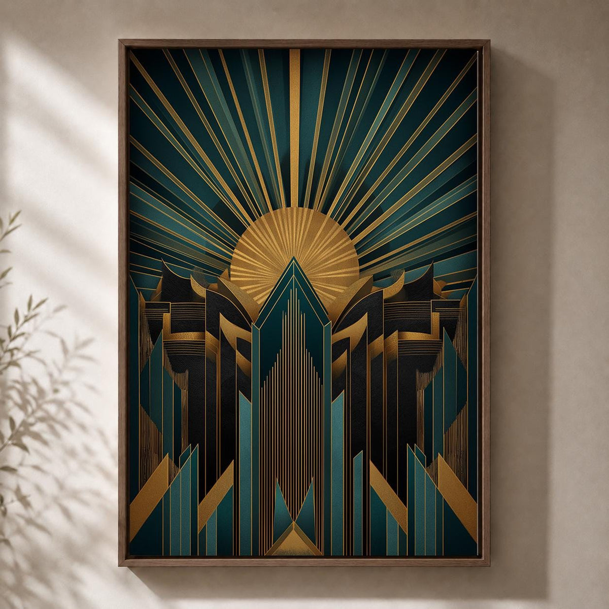 Art Deco Teal Gold Geometric Framed Canvas Wall Art, Gatsby Style Decor by The Wall Art Studio - physical