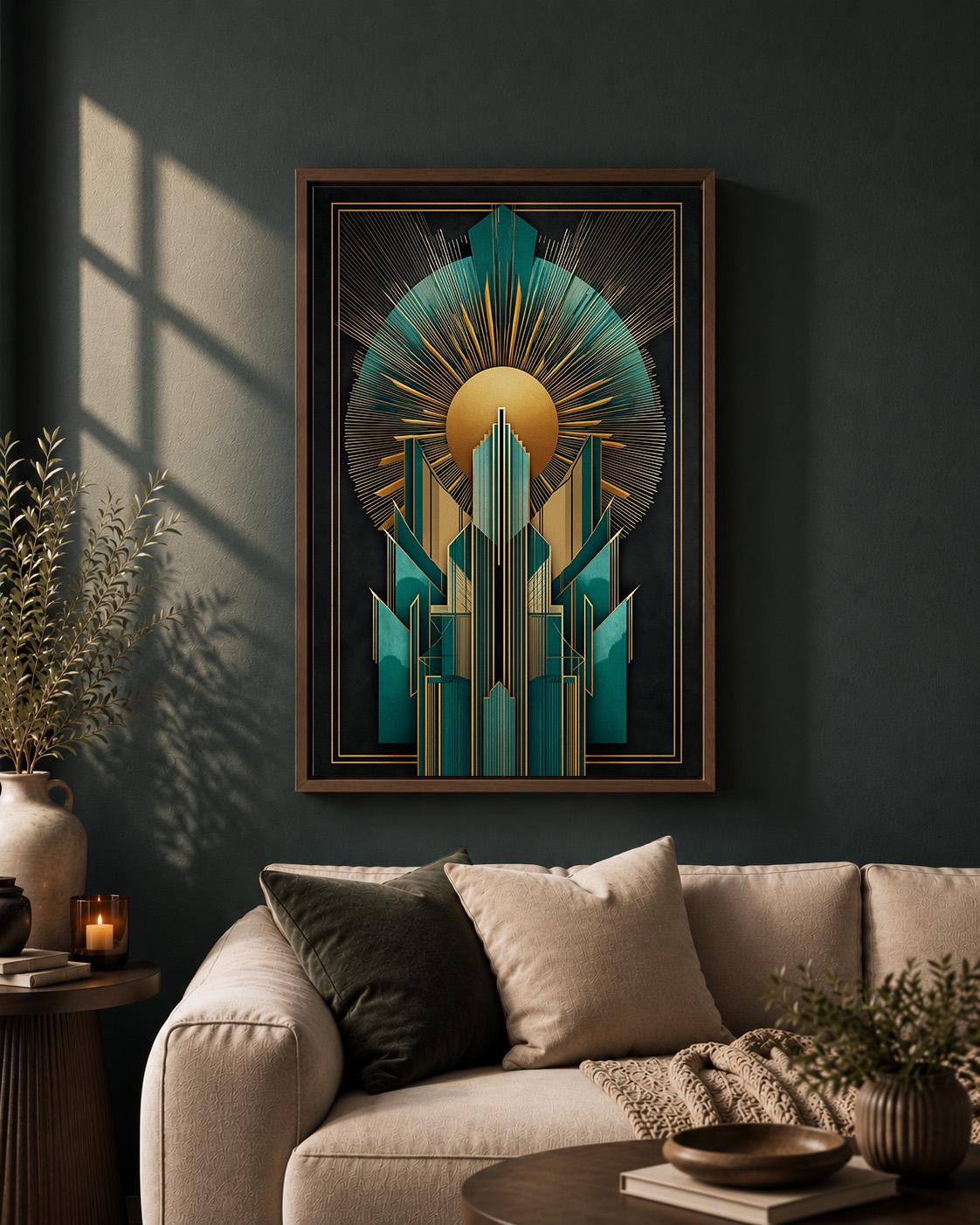 Art Deco Teal Gold Geometric Framed Canvas Wall Art, Gatsby Style Modern Decor by The Wall Art Studio - physical