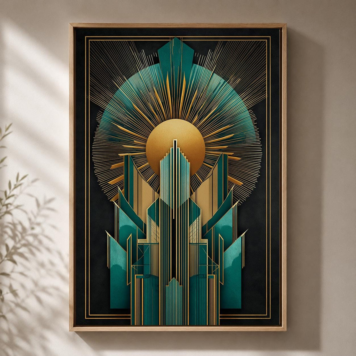 Art Deco Teal Gold Geometric Framed Canvas Wall Art, Gatsby Style Modern Decor by The Wall Art Studio - physical