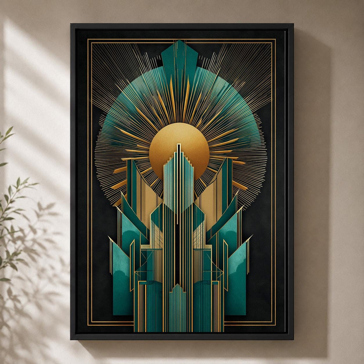 Art Deco Teal Gold Geometric Framed Canvas Wall Art, Gatsby Style Modern Decor by The Wall Art Studio - physical
