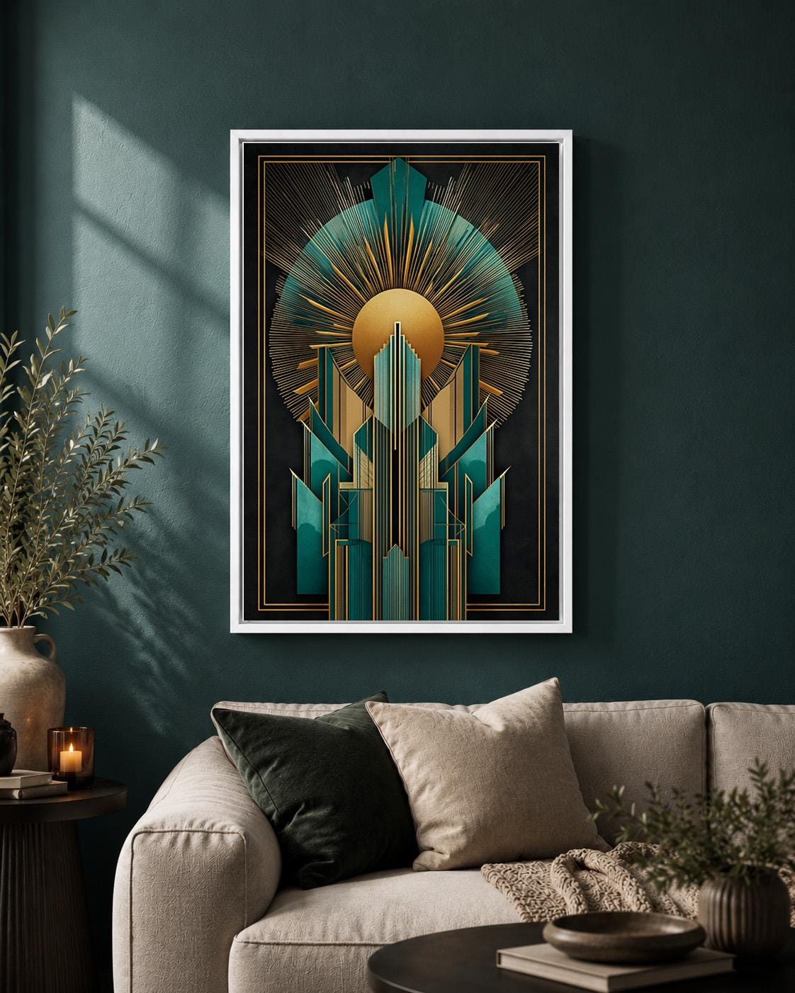 Art Deco Teal Gold Geometric Framed Canvas Wall Art, Gatsby Style Modern Decor by The Wall Art Studio - physical