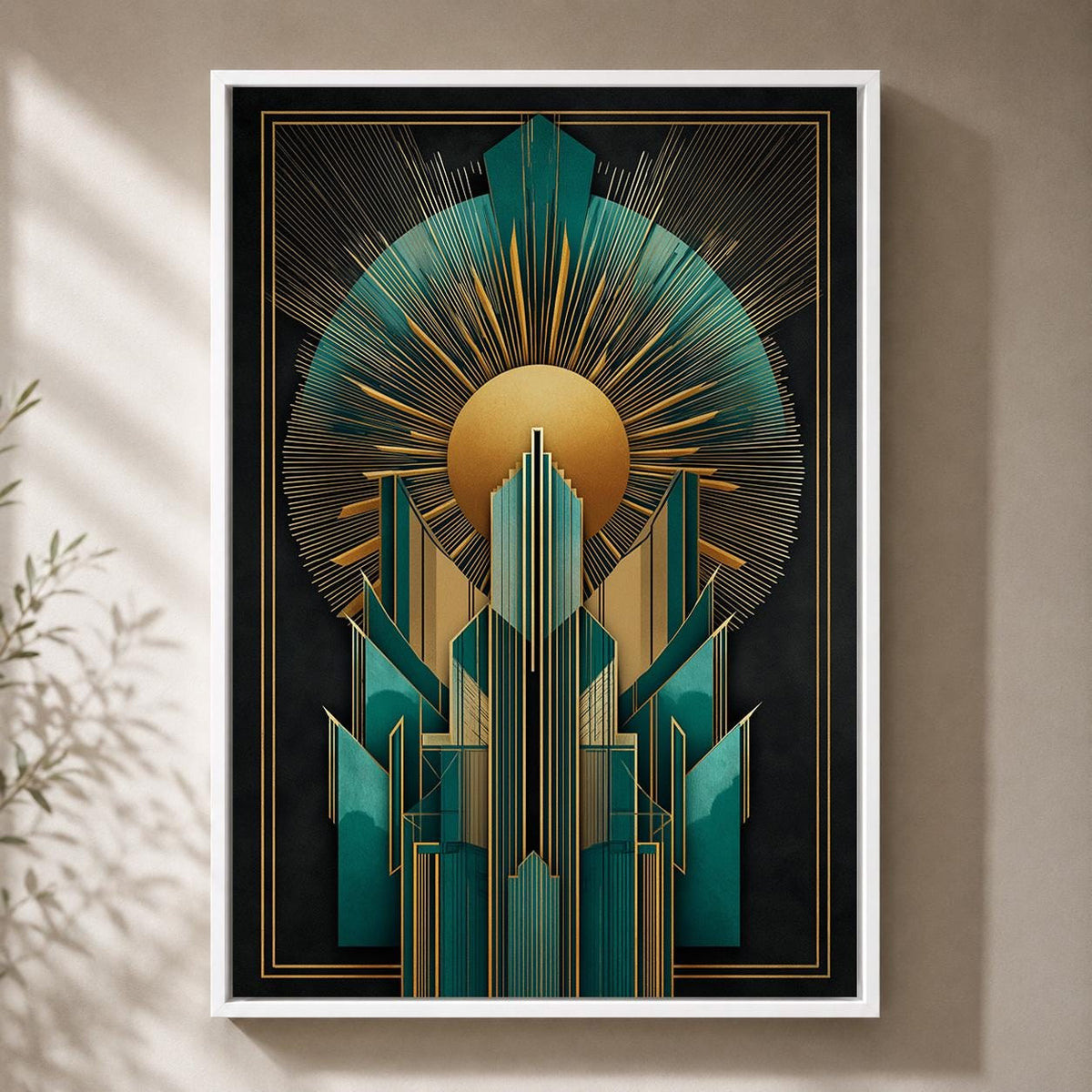 Art Deco Teal Gold Geometric Framed Canvas Wall Art, Gatsby Style Modern Decor by The Wall Art Studio - physical