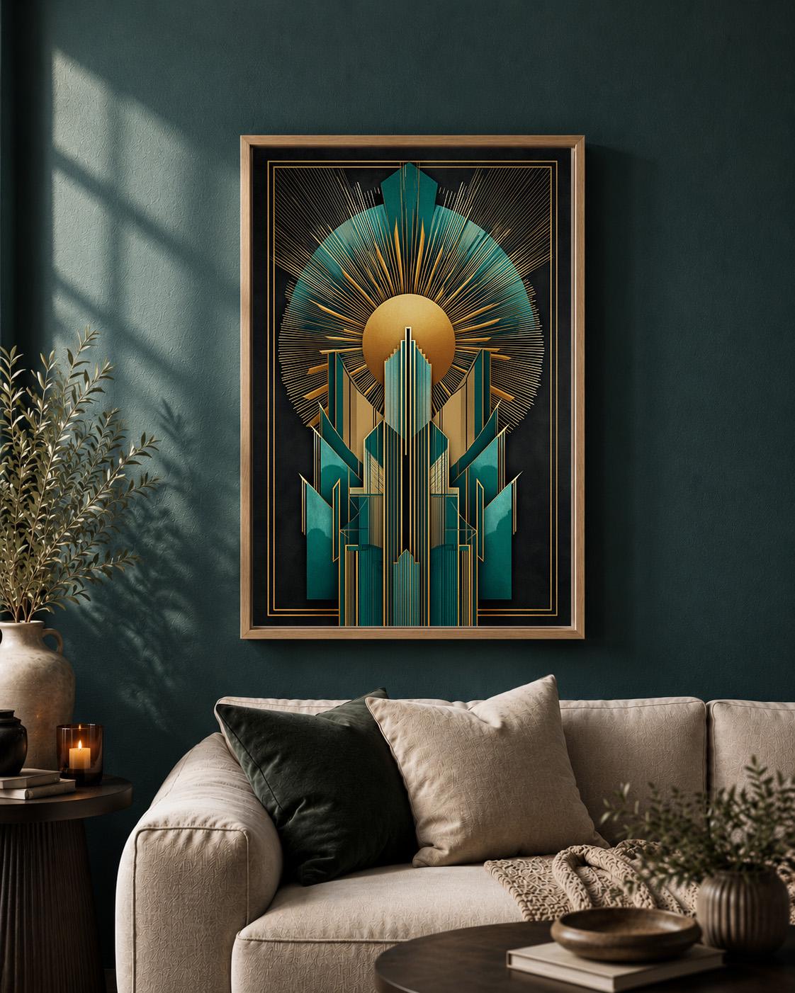 Art Deco Teal Gold Geometric Framed Canvas Wall Art, Gatsby Style Modern Decor by The Wall Art Studio - physical