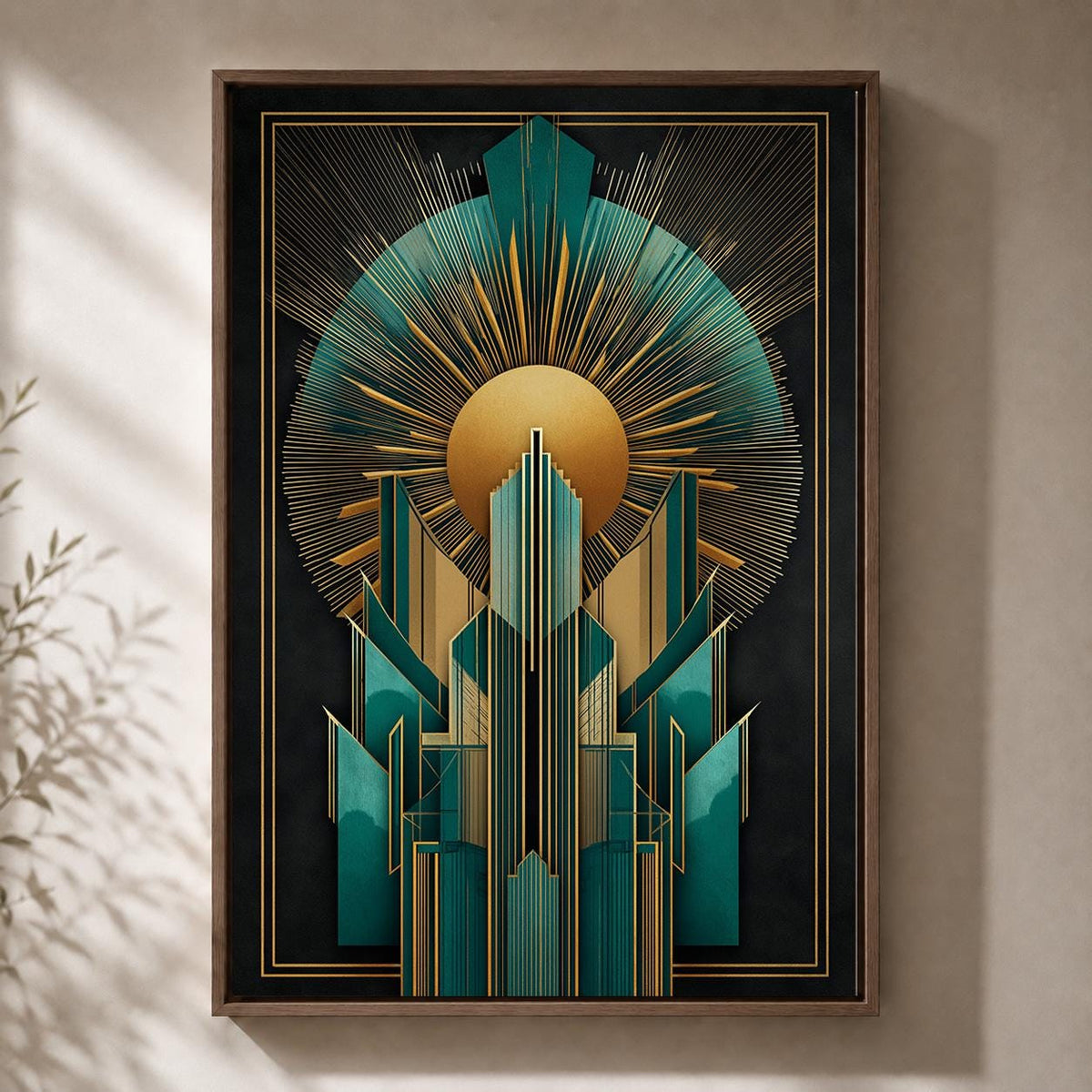 Art Deco Teal Gold Geometric Framed Canvas Wall Art, Gatsby Style Modern Decor by The Wall Art Studio - physical