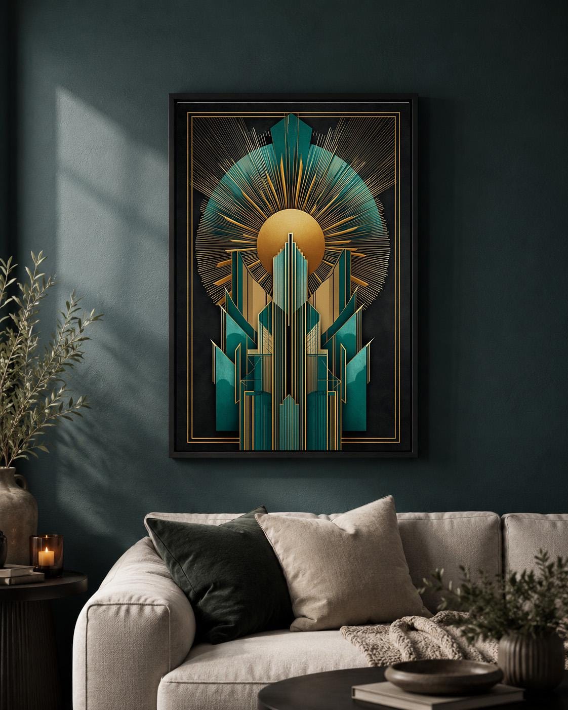 Art Deco Teal Gold Geometric Framed Canvas Wall Art, Gatsby Style Modern Decor by The Wall Art Studio - physical