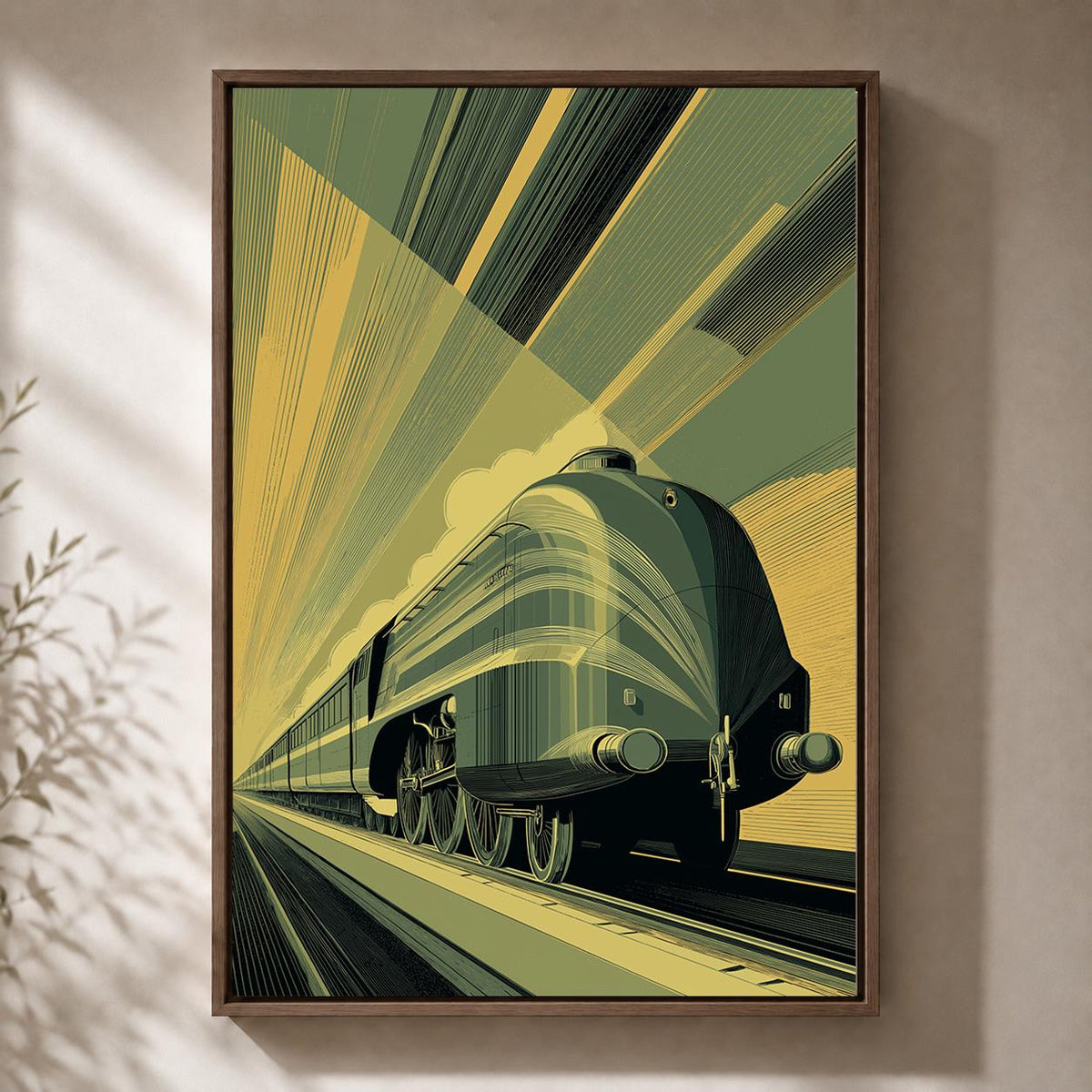 Art Deco Train Framed Canvas Print, Vintage Locomotive Wall Art, Retro Railway Decor by The Wall Art Studio - physical