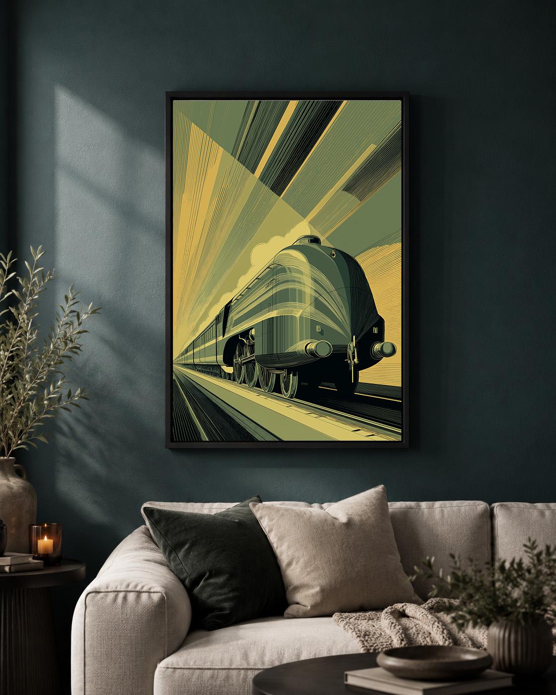 Art Deco Train Framed Canvas Print, Vintage Locomotive Wall Art, Retro Railway Decor by The Wall Art Studio - physical