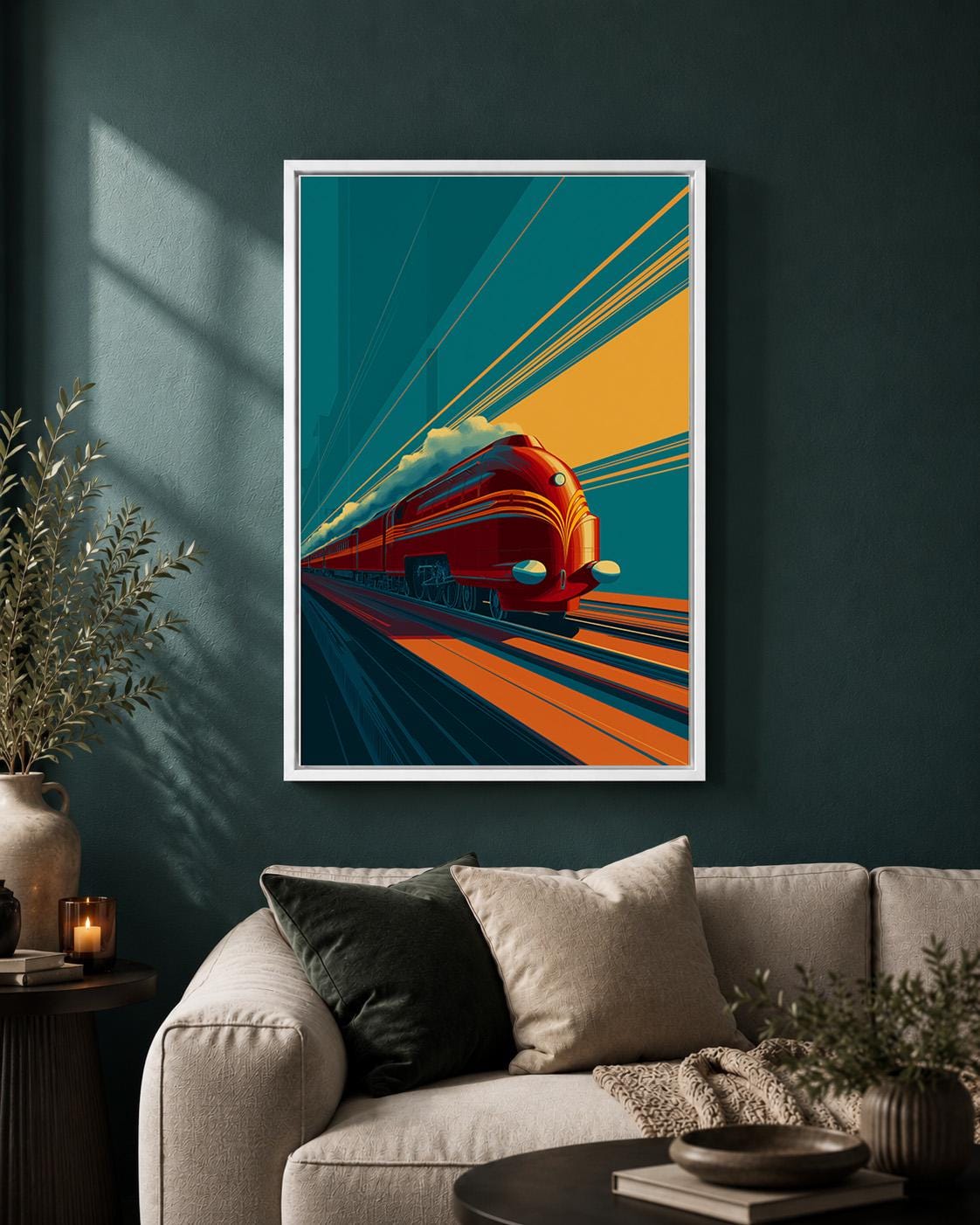 Art Deco Train Framed Canvas Wall Art, Retro Locomotive Print, Teal Orange Travel Decor by The Wall Art Studio - physical