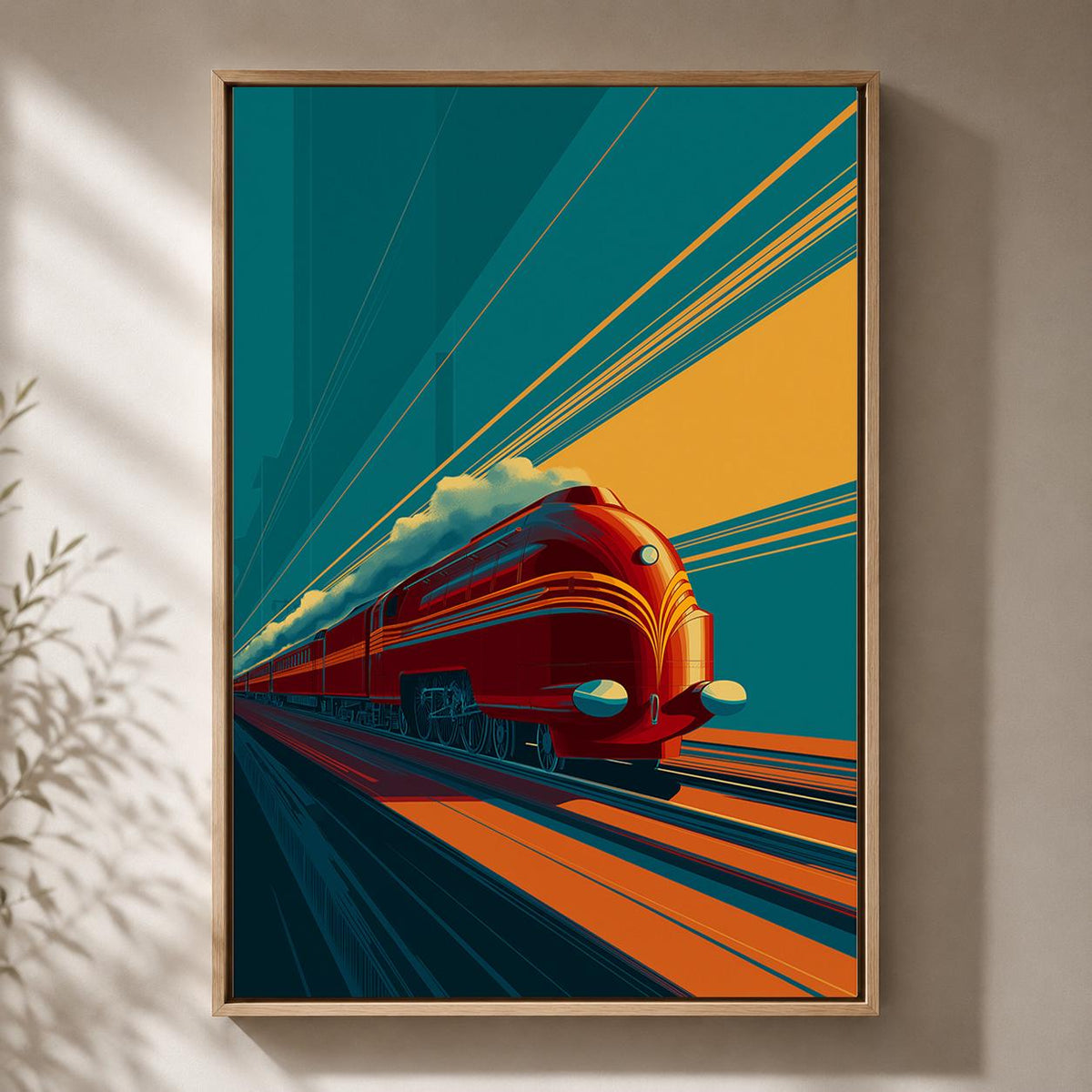 Art Deco Train Framed Canvas Wall Art, Retro Locomotive Print, Teal Orange Travel Decor by The Wall Art Studio - physical