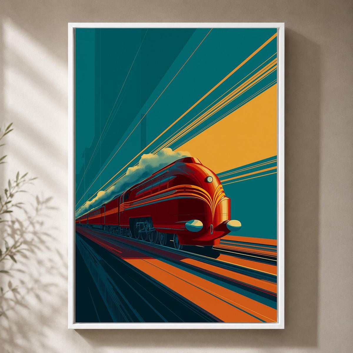 Art Deco Train Framed Canvas Wall Art, Retro Locomotive Print, Teal Orange Travel Decor by The Wall Art Studio - physical