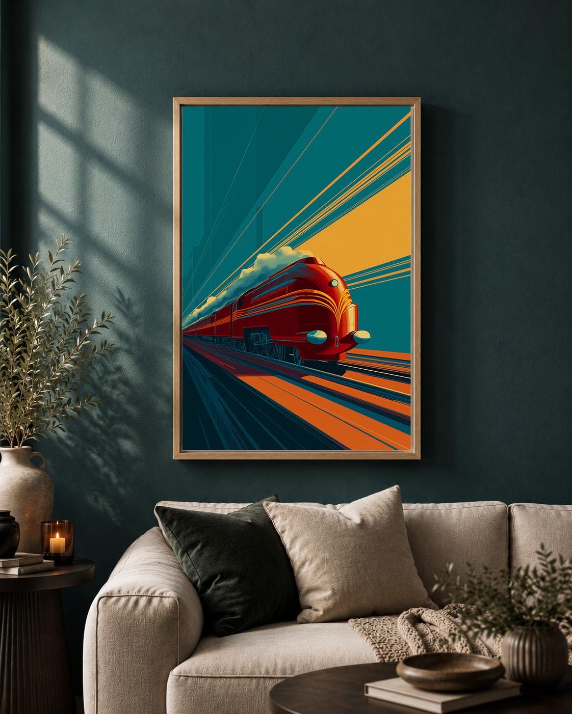 Art Deco Train Framed Canvas Wall Art, Retro Locomotive Print, Teal Orange Travel Decor by The Wall Art Studio - physical