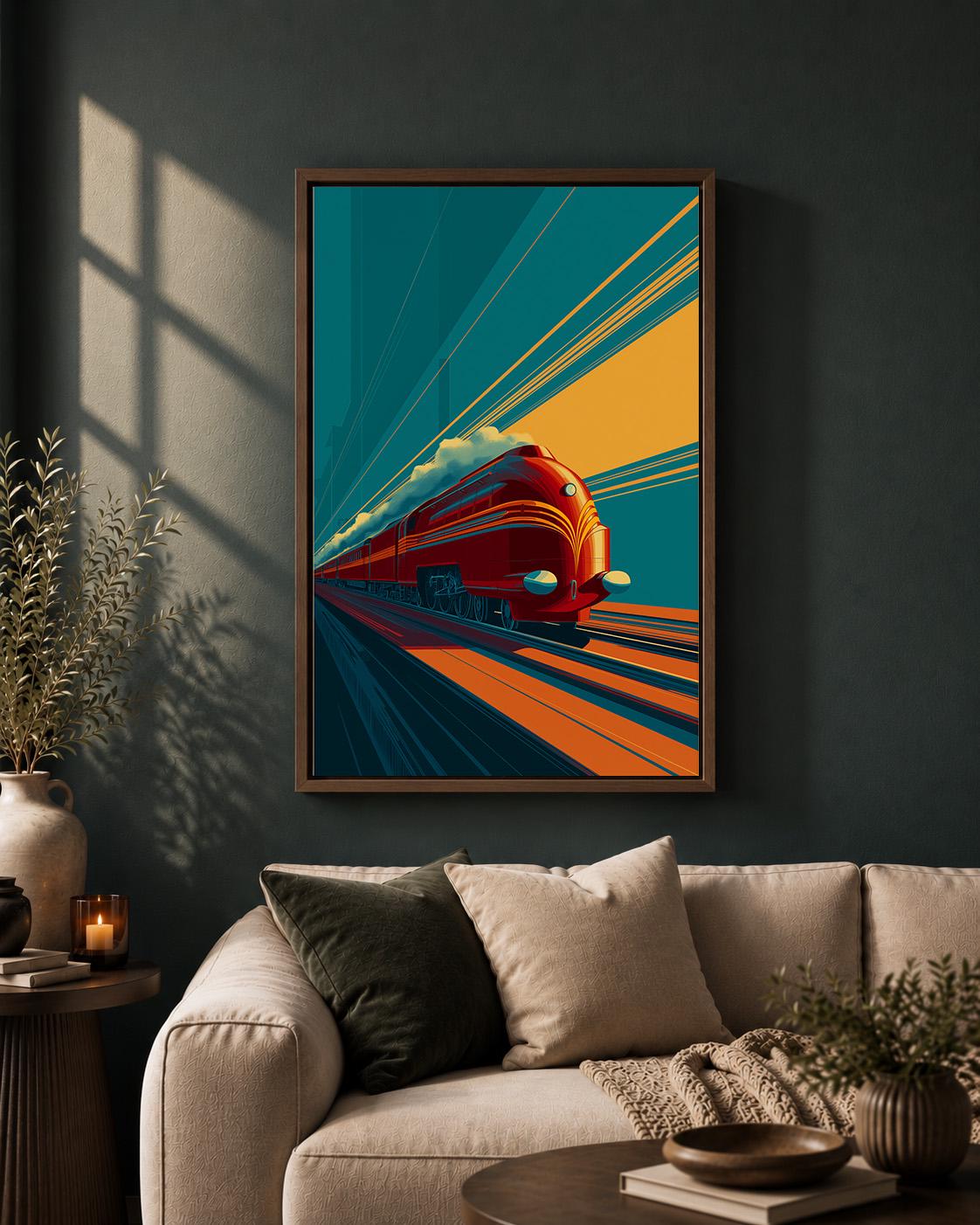 Art Deco Train Framed Canvas Wall Art, Retro Locomotive Print, Teal Orange Travel Decor by The Wall Art Studio - physical