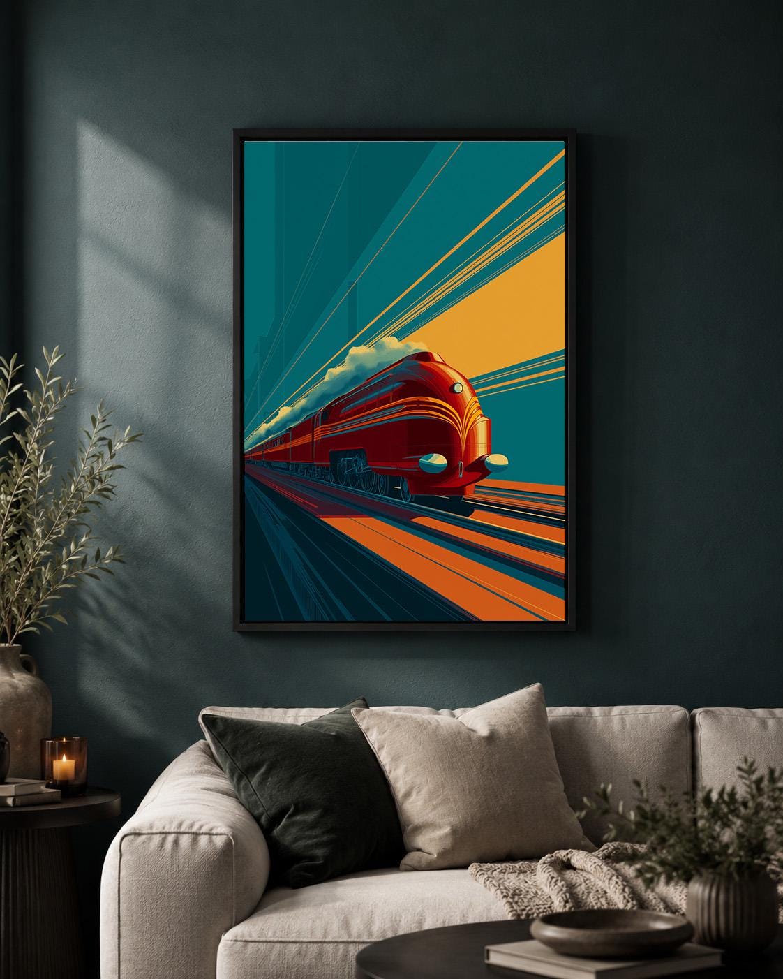 Art Deco Train Framed Canvas Wall Art, Retro Locomotive Print, Teal Orange Travel Decor by The Wall Art Studio - physical