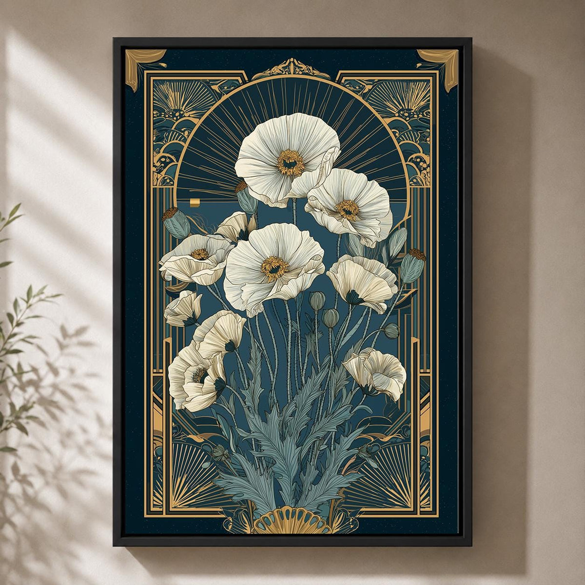 Art Deco White Poppy Framed Canvas Wall Art, Elegant Botanical Framed Canvas, Vintage Floral Decor, Luxury Flower Artwork...