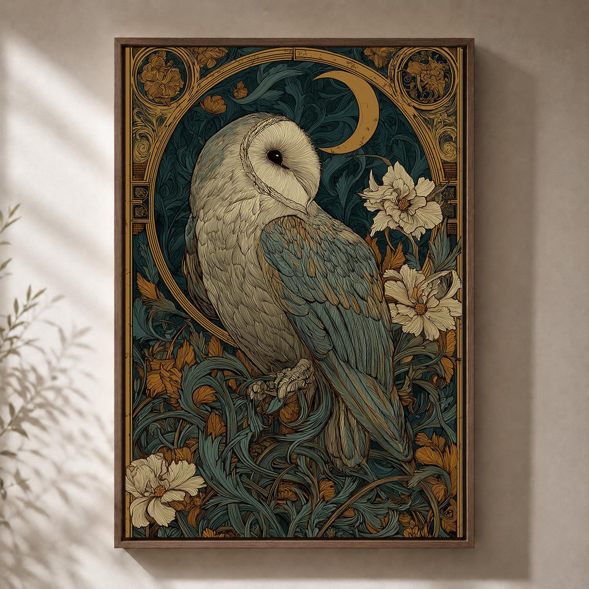 Art Nouveau Barn Owl Framed Canvas, Moonlit Botanical Bird Artwork, Vintage Nature Decor by The Wall Art Studio - physical