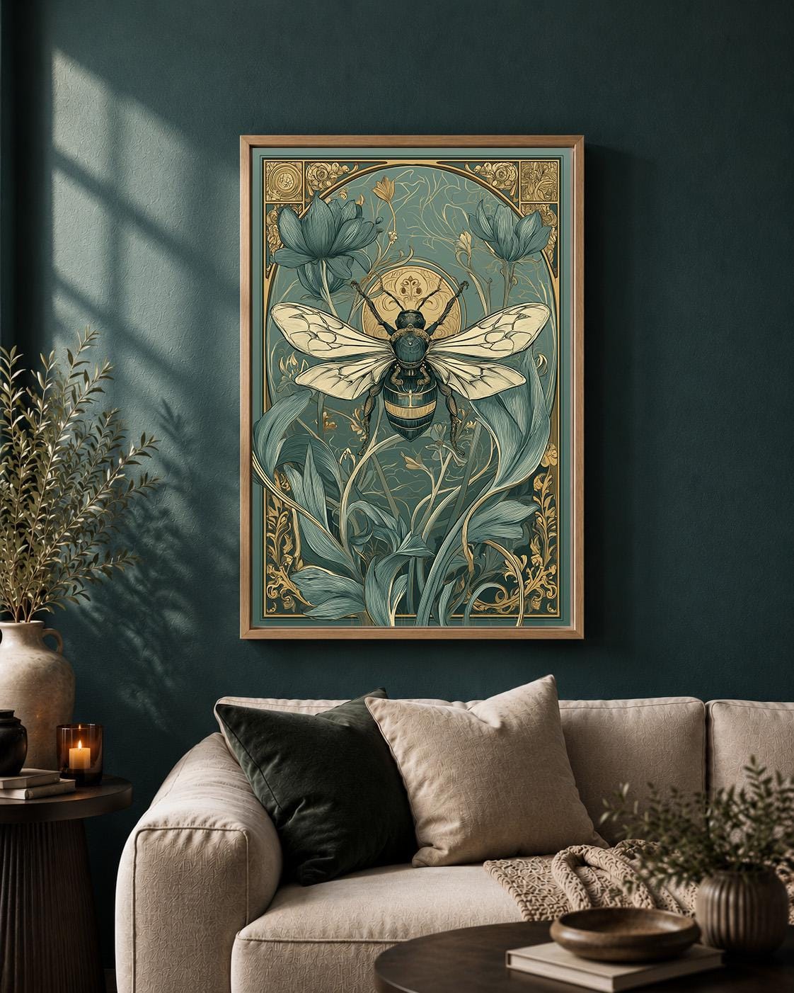 Art Nouveau Bee Framed Canvas Art, Vintage Botanical Insect Print, William Morris Style Decor by The Wall Art Studio - phy...