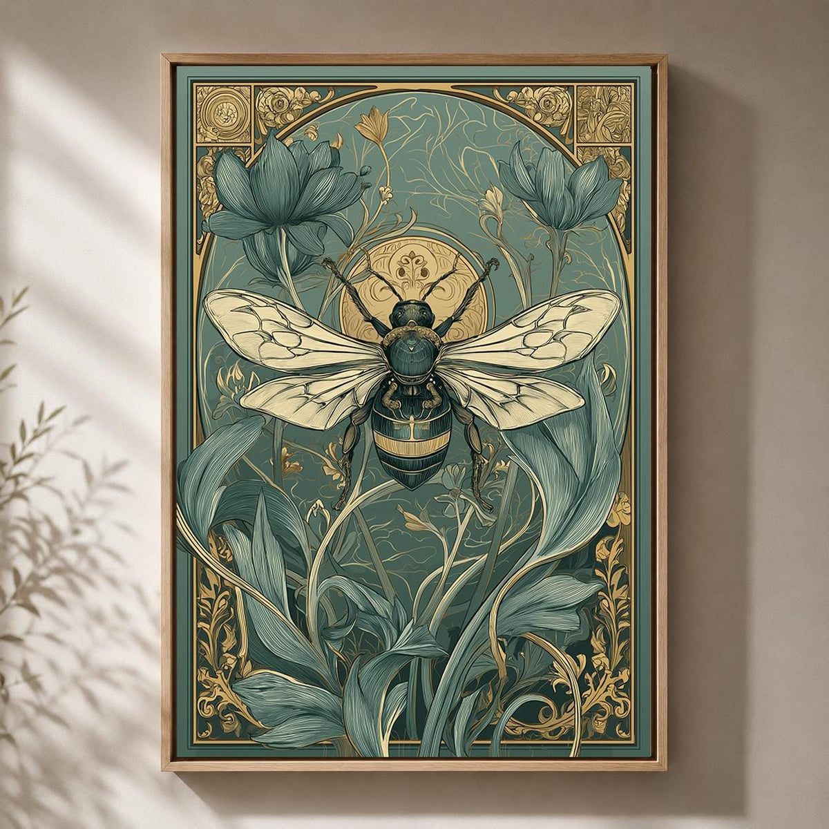 Art Nouveau Bee Framed Canvas Art, Vintage Botanical Insect Print, William Morris Style Decor by The Wall Art Studio - phy...