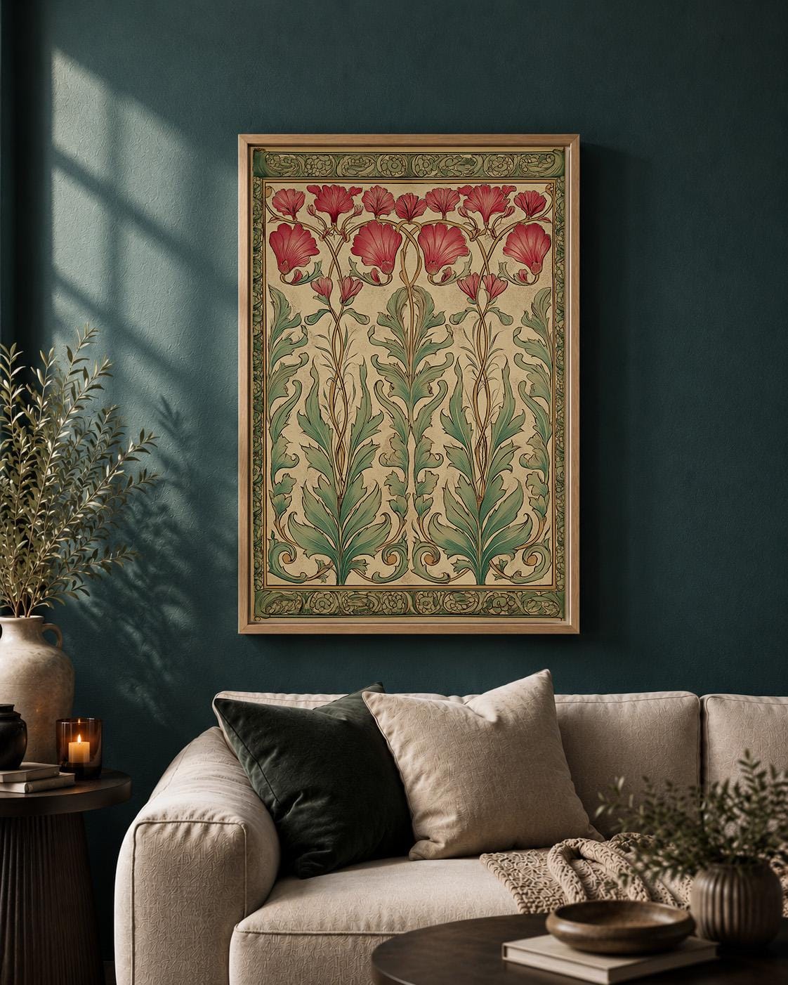 Art Nouveau Botanical Framed Canvas Art, William Morris Style Floral Wall Decor by The Wall Art Studio - physical