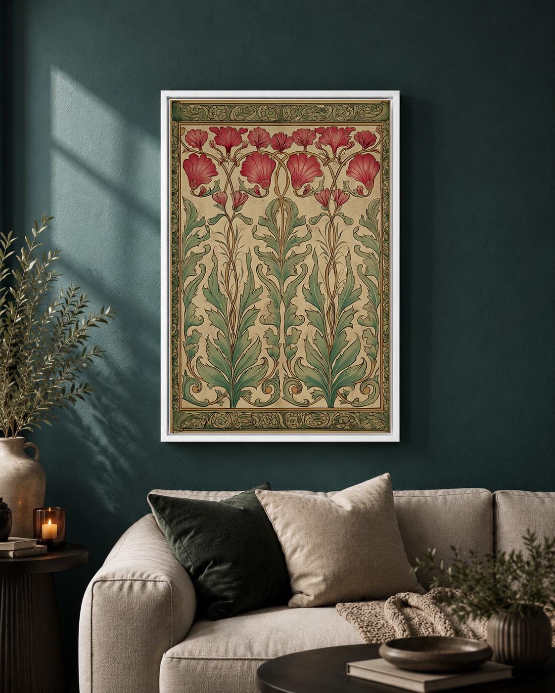 Art Nouveau Botanical Framed Canvas Art, William Morris Style Floral Wall Decor by The Wall Art Studio - physical