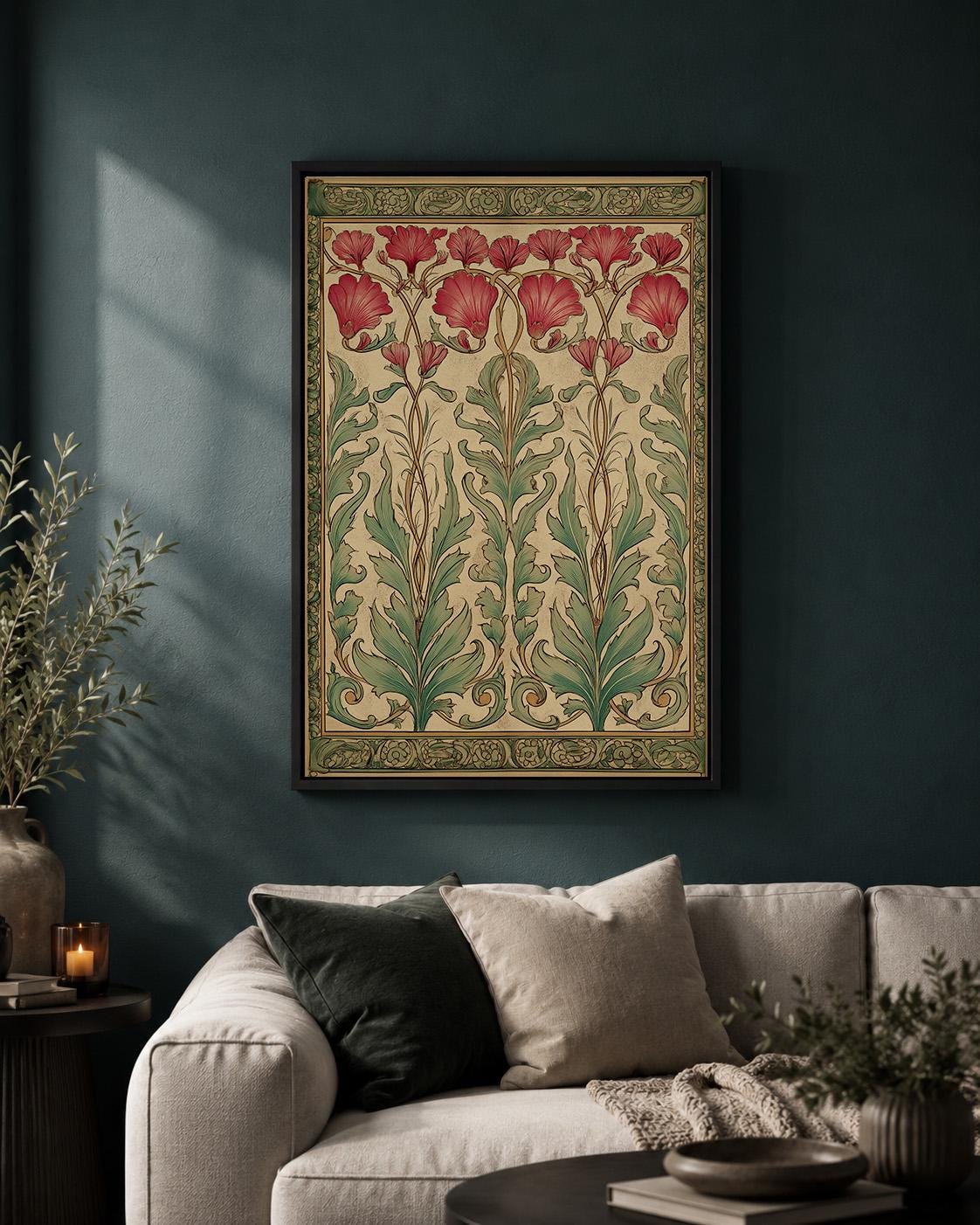 Art Nouveau Botanical Framed Canvas Art, William Morris Style Floral Wall Decor by The Wall Art Studio - physical