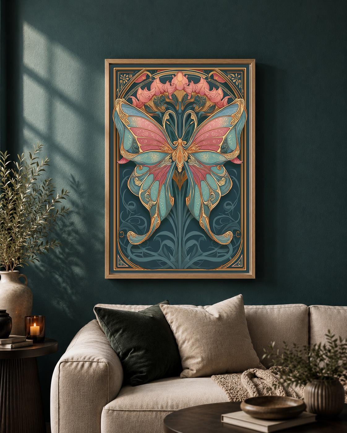 Art Nouveau Butterfly Framed Canvas, Vintage Botanical Floral Decor by The Wall Art Studio - physical