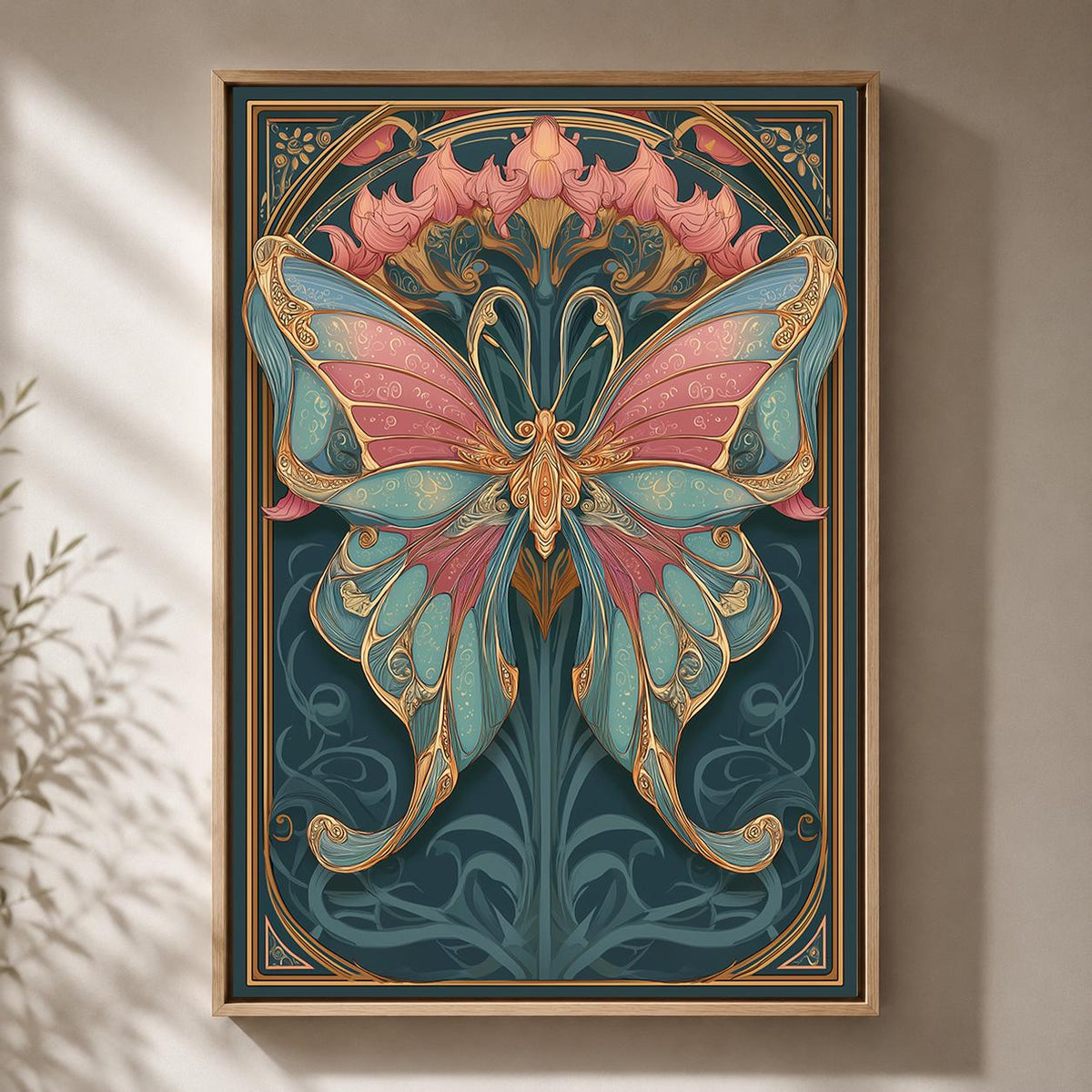 Art Nouveau Butterfly Framed Canvas, Vintage Botanical Floral Decor by The Wall Art Studio - physical