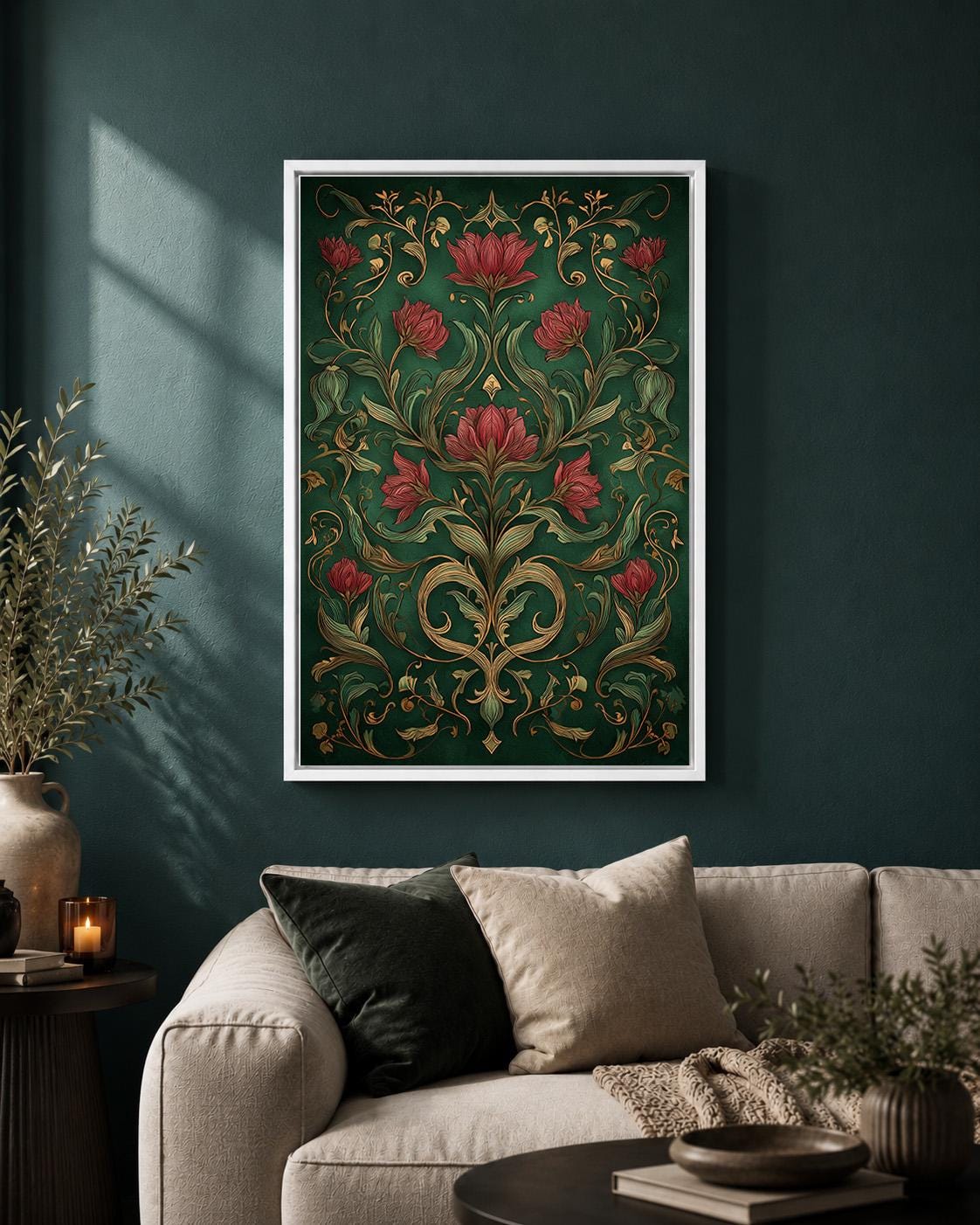 Art Nouveau Dark Floral Framed Canvas Print, William Morris Style Botanical Wall Art by The Wall Art Studio - physical