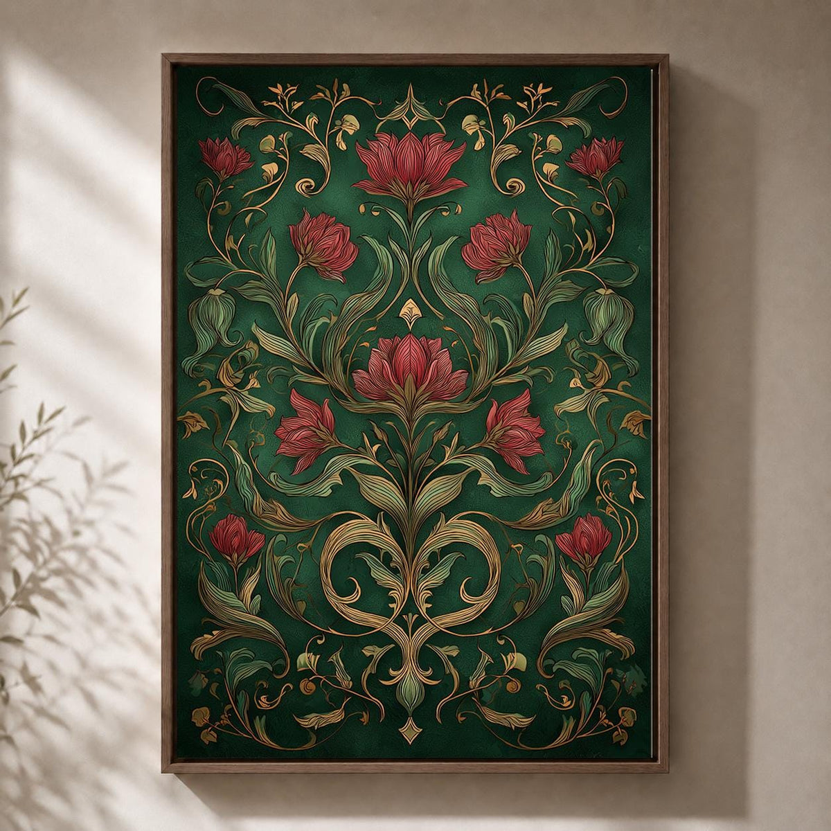 Art Nouveau Dark Floral Framed Canvas Print, William Morris Style Botanical Wall Art by The Wall Art Studio - physical