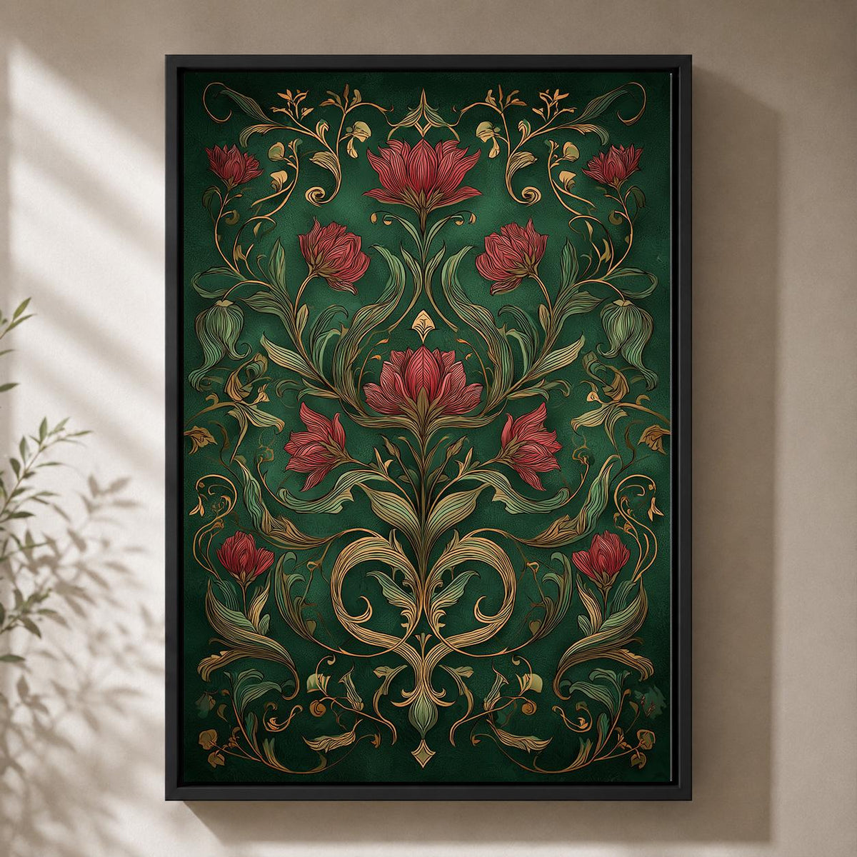 Art Nouveau Dark Floral Framed Canvas Print, William Morris Style Botanical Wall Art by The Wall Art Studio - physical