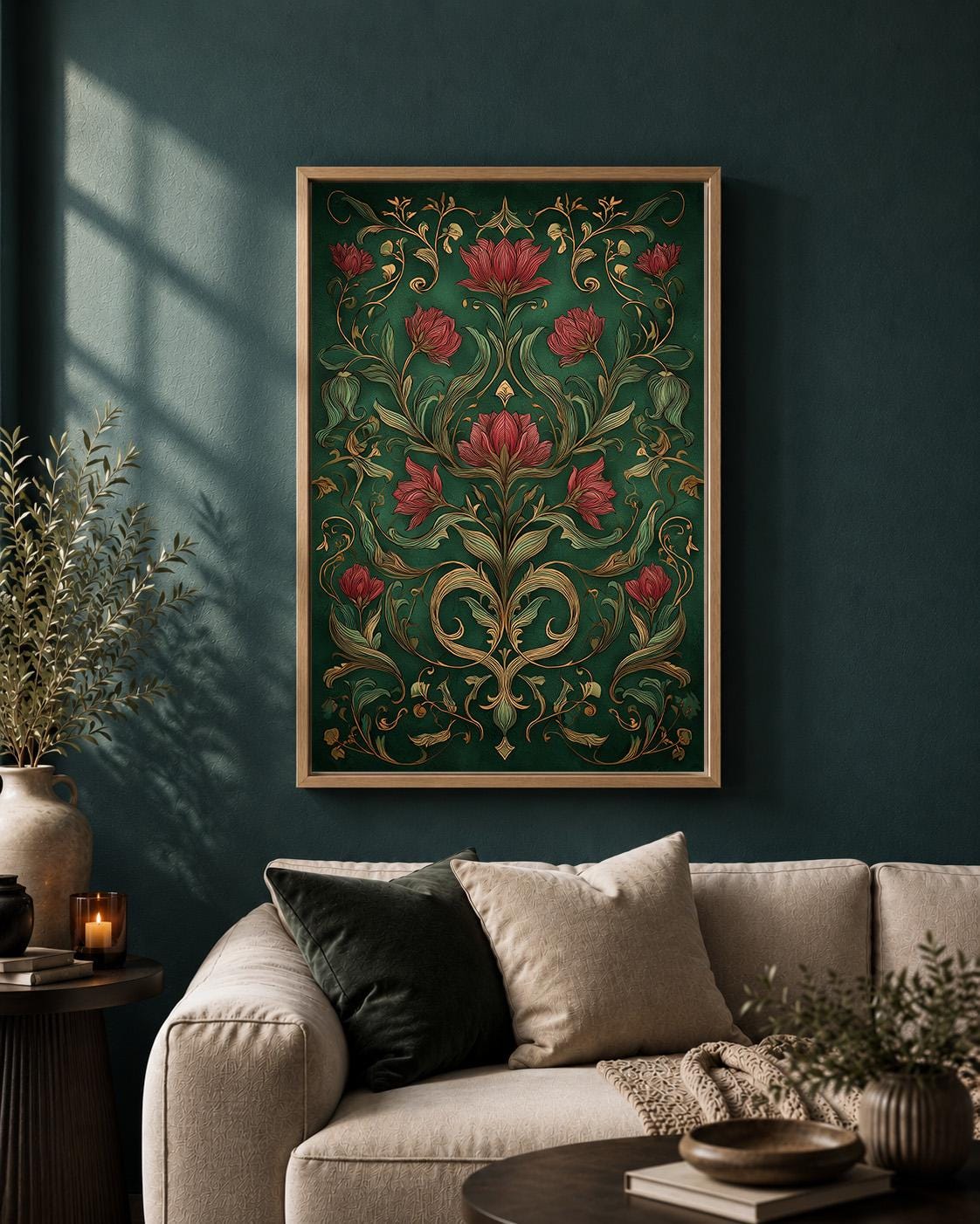 Art Nouveau Dark Floral Framed Canvas Print, William Morris Style Botanical Wall Art by The Wall Art Studio - physical