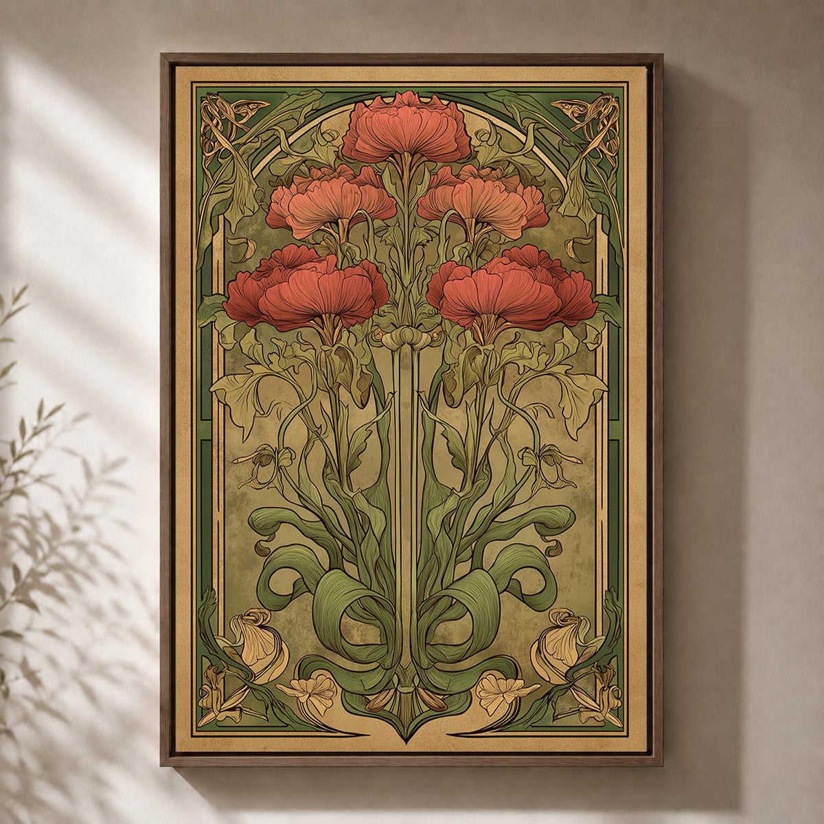Art Nouveau Poppy Framed Canvas Wall Art, Vintage Botanical Framed Canvas, Antique Floral Canvas Wall Art, Elegant Decor b...