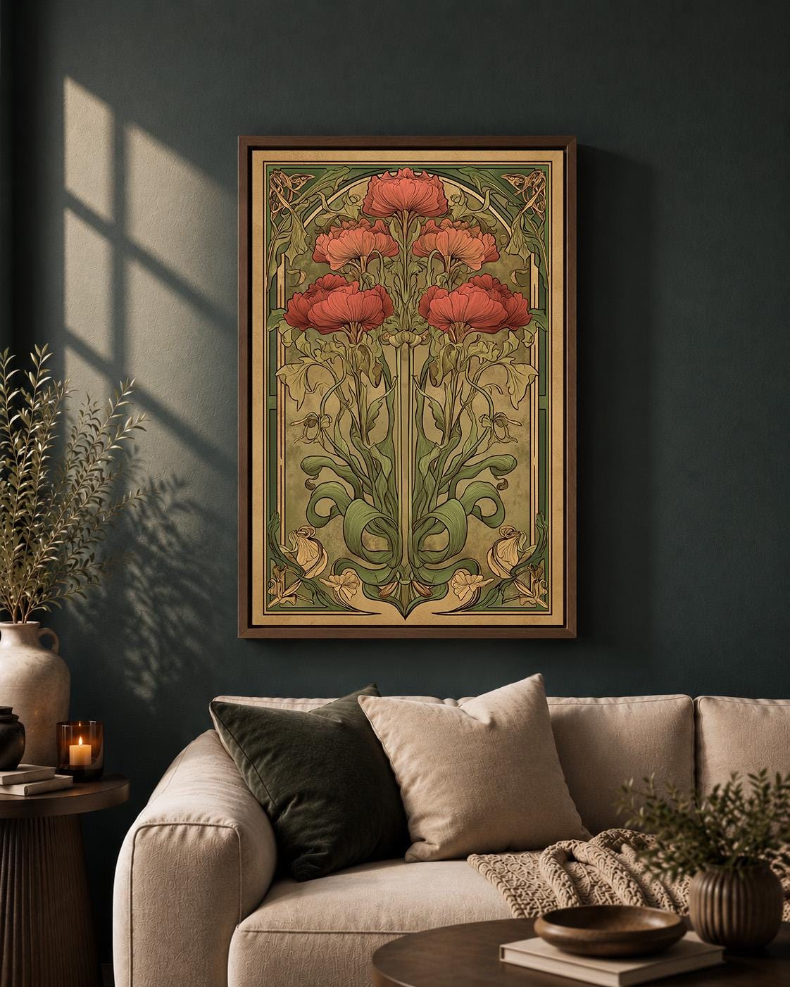 Art Nouveau Poppy Framed Canvas Wall Art, Vintage Botanical Framed Canvas, Antique Floral Canvas Wall Art, Elegant Decor b...