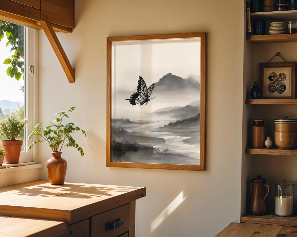Asian Landscape Butterfly Art, Misty Mountain Wall Print, Japandi Décor, Zen Nature Painting by The Wall Art Studio - phys...