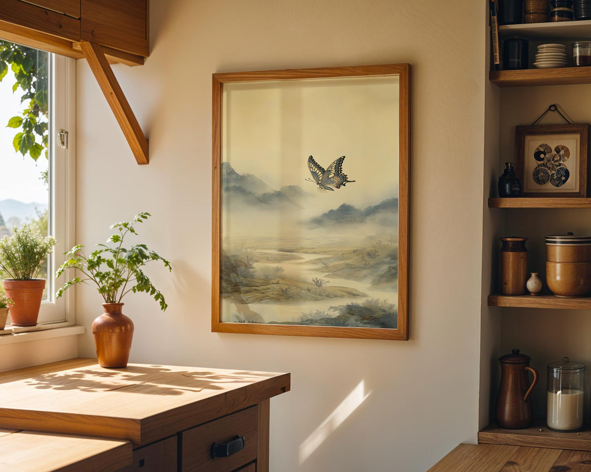 Asian Landscape Butterfly Art, Misty Mountain Wall Print, Japandi Décor, Zen Nature Painting by The Wall Art Studio - phys...