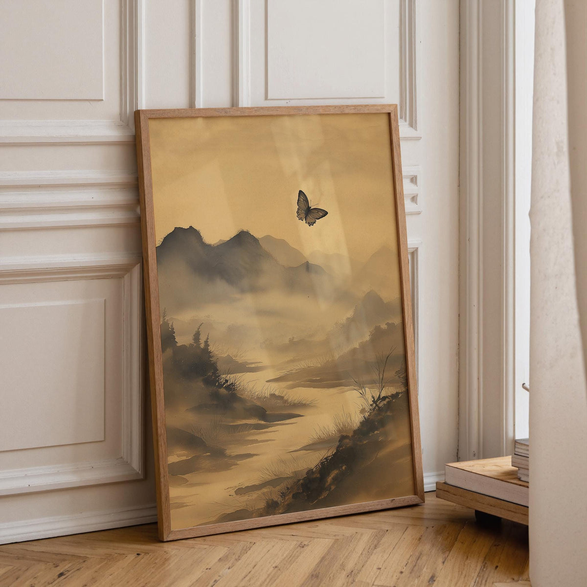 Asian Landscape Butterfly Art, Misty Mountain Wall Print, Japandi Décor, Zen Nature Painting by The Wall Art Studio - phys...