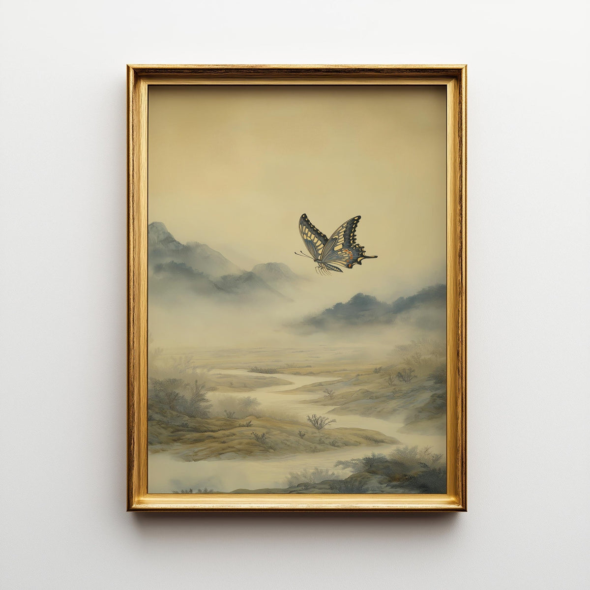 Asian Landscape Butterfly Art, Misty Mountain Wall Print, Japandi Décor, Zen Nature Painting by The Wall Art Studio - phys...