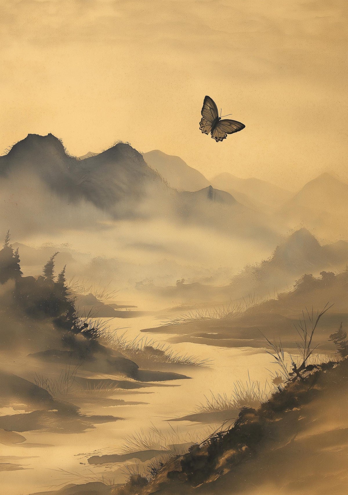 Asian Landscape Butterfly Art, Misty Mountain Wall Print, Japandi Décor, Zen Nature Painting by The Wall Art Studio - phys...