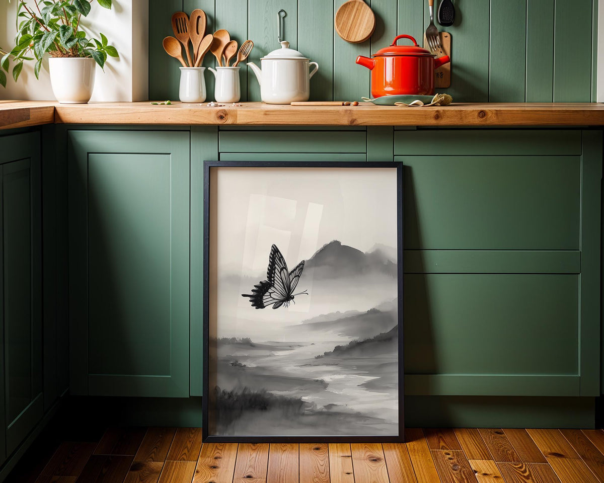 Asian Landscape Butterfly Art, Misty Mountain Wall Print, Japandi Décor, Zen Nature Painting by The Wall Art Studio - phys...